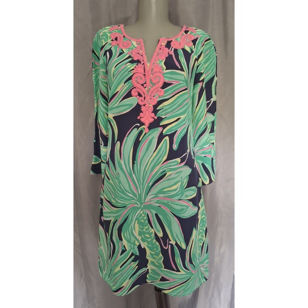 Lilly Pulitzer Dress Tropical  bright floral Vacation V neck embelished neck  sm
